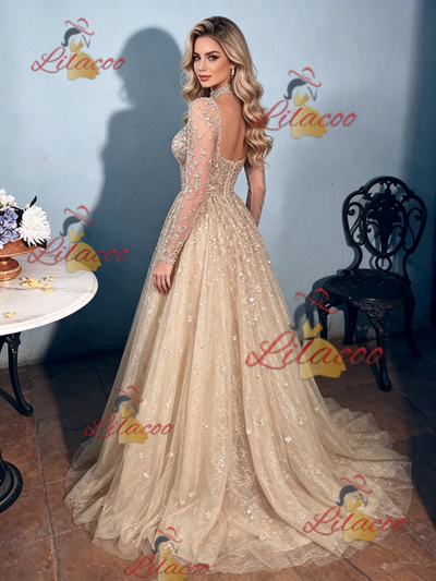 Champagne Sequins Long Sleeve Prom Dress