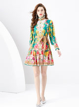 Long Sleeve Printed Ruffled Dress