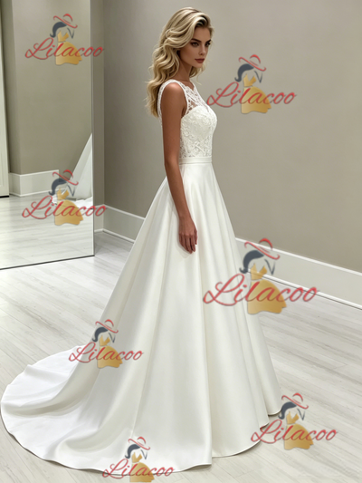 White Satin Lace Scoop Neck Wedding Dress