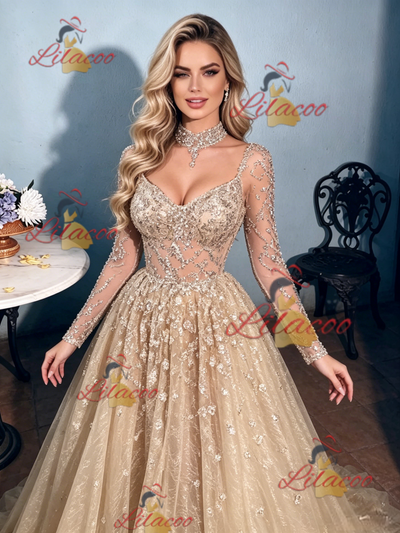 Champagne Sequins Long Sleeve Prom Dress