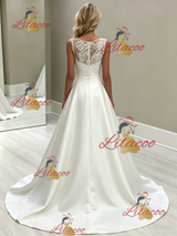 White Satin Lace Scoop Neck Wedding Dress