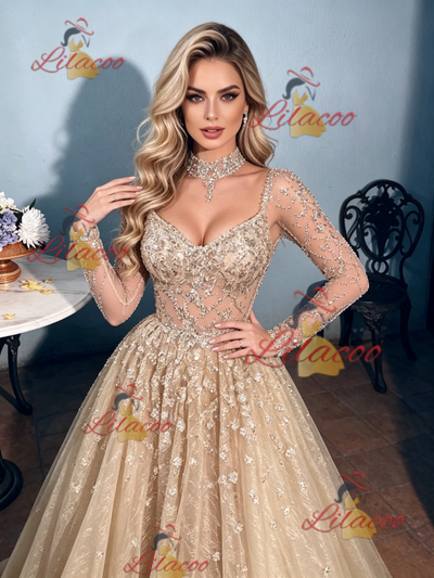Champagne Sequins Long Sleeve Prom Dress