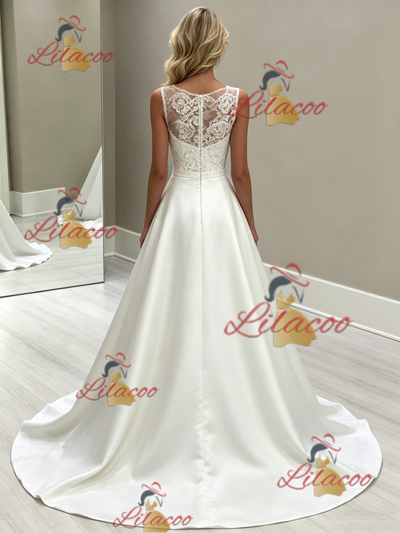 White Satin Lace Scoop Neck Wedding Dress