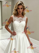 White Satin Lace Scoop Neck Wedding Dress