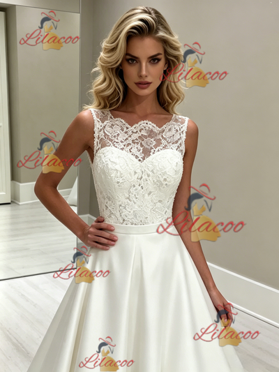 White Satin Lace Scoop Neck Wedding Dress