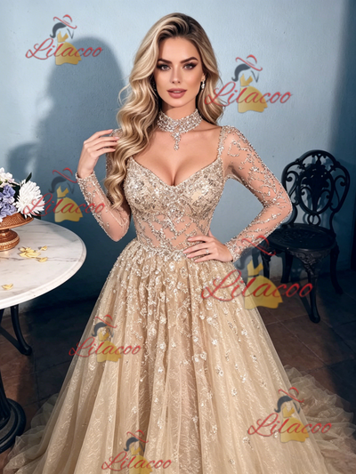 Champagne Sequins Long Sleeve Prom Dress