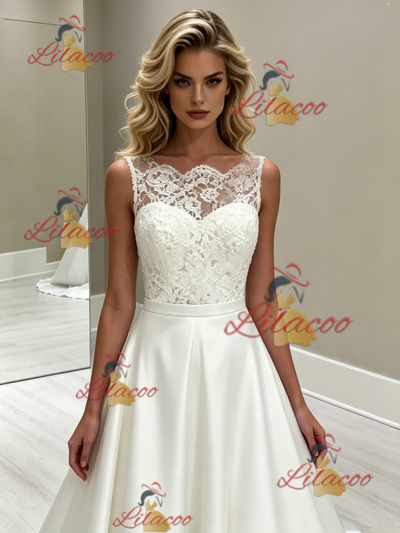 White Satin Lace Scoop Neck Wedding Dress