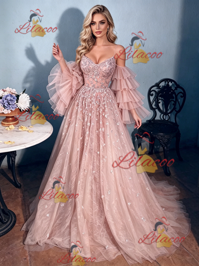Pink Tulle Sequins Long Sleeve Prom Dress