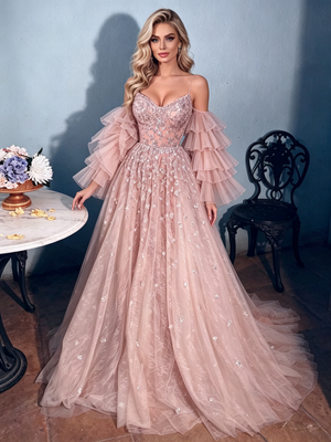 Pink Tulle Sequins Long Sleeve Prom Dress