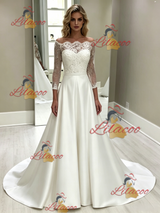 White Satin Lace Short Sleeve Wedding Dress