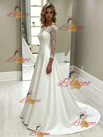 White Satin Lace Short Sleeve Wedding Dress