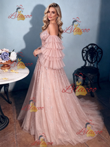 Pink Tulle Sequins Long Sleeve Prom Dress