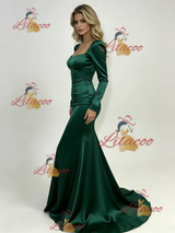 Green Mermaid Satin Long Sleeve Prom Dress
