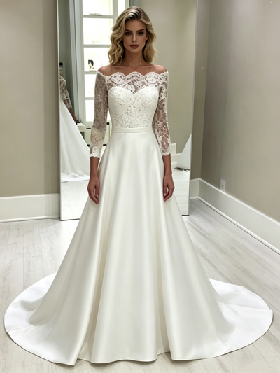 White Satin Lace Short Sleeve Wedding Dress