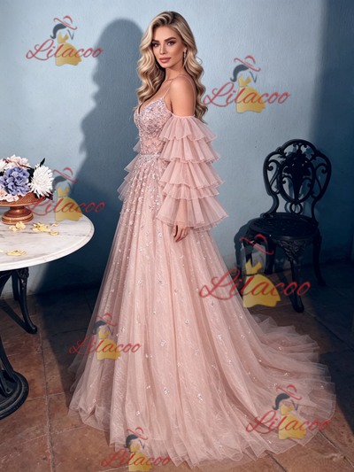 Pink Tulle Sequins Long Sleeve Prom Dress