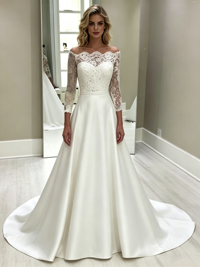 White Satin Lace Short Sleeve Wedding Dress