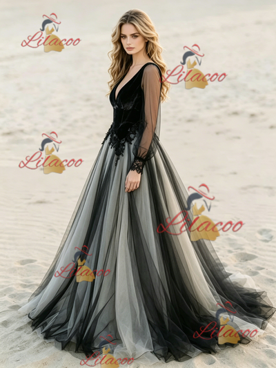 Black Long Sleeve Appliques Wedding Dress