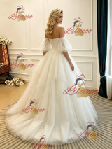 Ivory Tulle Strapless Puff Sleeve Wedding Dress