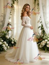 Beige White Tulle Lace Long Sleeve Wedding Dress