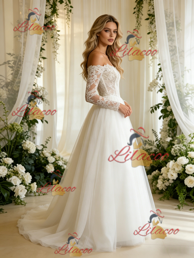 Beige White Tulle Lace Long Sleeve Wedding Dress