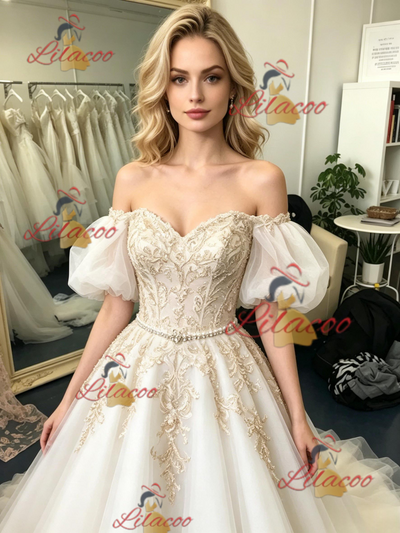 Tulle Off the Shoulder Appliques Prom Dress