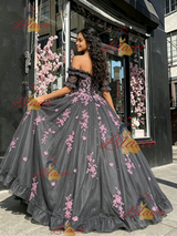 Gray Tulle Short Sleeve Appliques Quinceanera Dress
