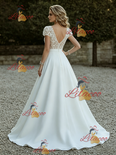 White Satin Cap Sleeve V-neck Wedding Dress
