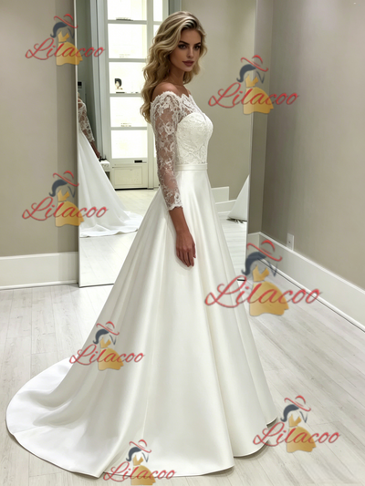 White Satin Lace Short Sleeve Wedding Dress