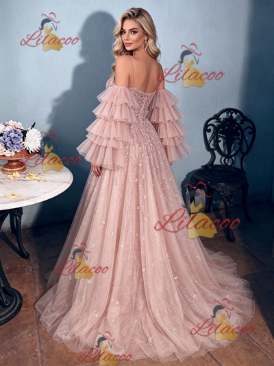 Pink Tulle Sequins Long Sleeve Prom Dress