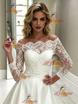 White Satin Lace Short Sleeve Wedding Dress