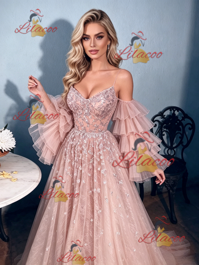 Pink Tulle Sequins Long Sleeve Prom Dress