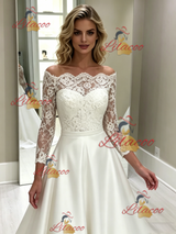 White Satin Lace Short Sleeve Wedding Dress