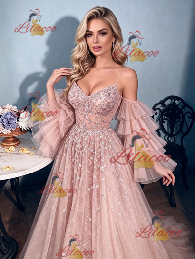 Pink Tulle Sequins Long Sleeve Prom Dress