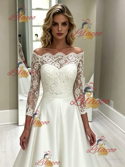 White Satin Lace Short Sleeve Wedding Dress