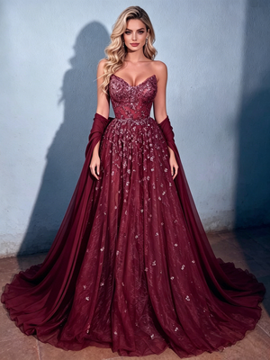 Burgundy Sequins Strapless Prom Dress