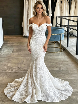 White Mermaid Lace Off the Shoulder Wedding Dress