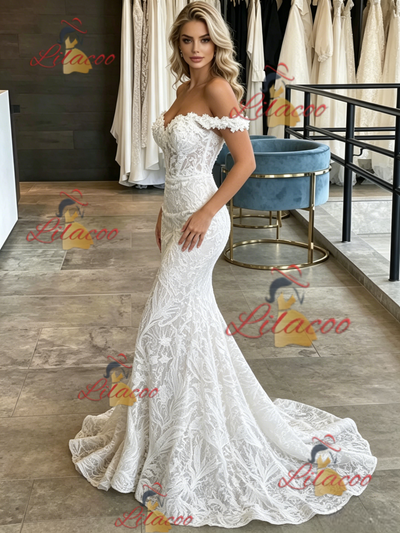 White Mermaid Lace Off the Shoulder Wedding Dress