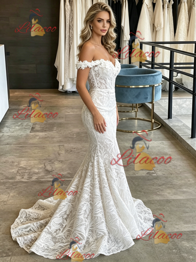 White Mermaid Lace Off the Shoulder Wedding Dress