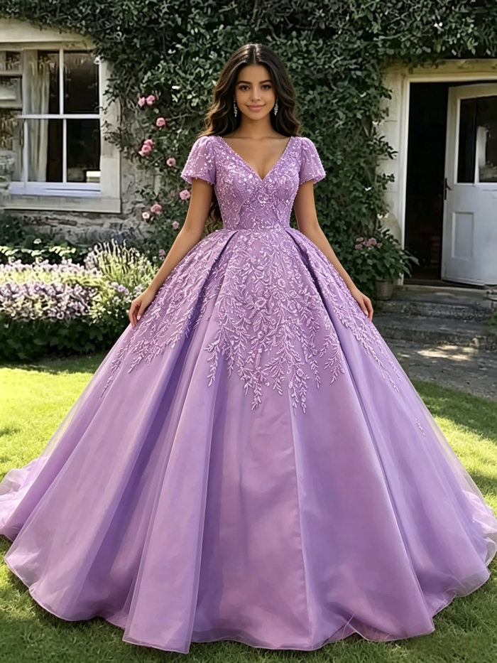Purple V-neck Short Sleeve Appliques Quinceanera Dress