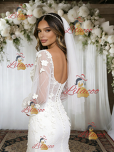 White Mermaid Tulle Appliques Long Sleeve Wedding Dress