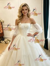 Ivory Tulle Strapless Puff Sleeve Wedding Dress