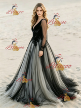 Black Long Sleeve Appliques Wedding Dress