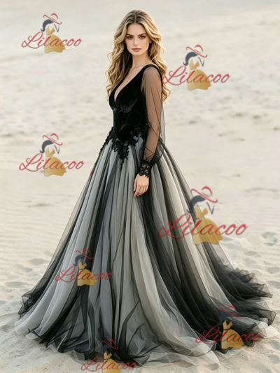 Black Long Sleeve Appliques Wedding Dress