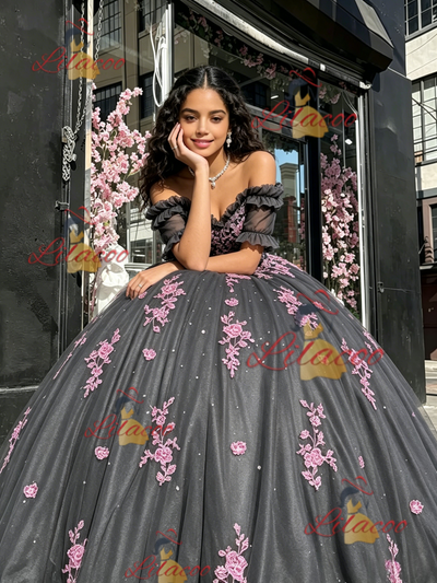 Gray Tulle Short Sleeve Appliques Quinceanera Dress