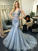 Blue Gray Mermaid Tulle Prom Dress