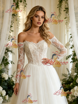 Beige White Tulle Lace Long Sleeve Wedding Dress