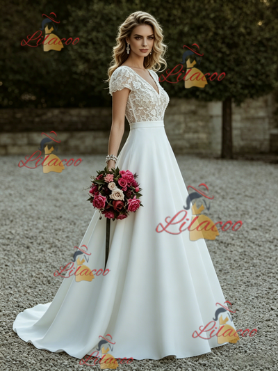 White Satin Cap Sleeve V-neck Wedding Dress