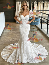 White Mermaid Lace Puff Sleeve Wedding Dress