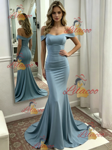 Simple Blue Off the Shoulder Prom Dress