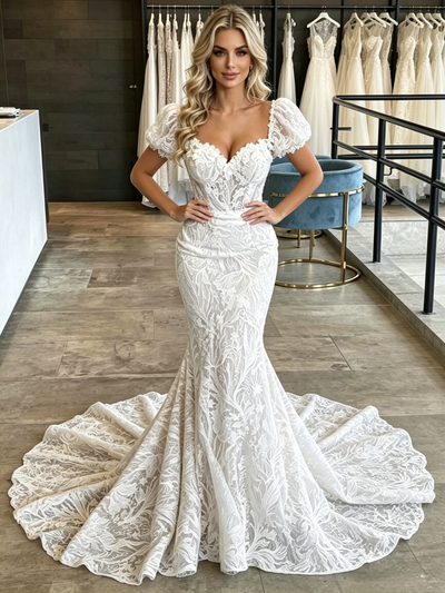White Mermaid Lace Puff Sleeve Wedding Dress